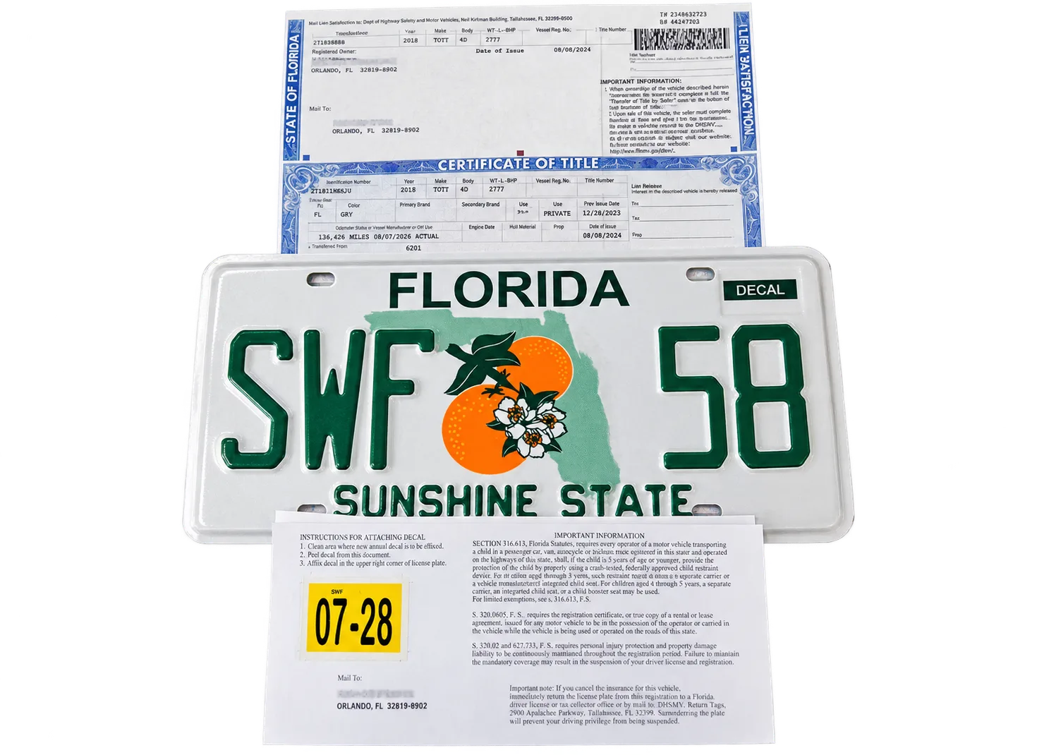 Florida title, vehicle registration and license plate processed by AutoTag FL