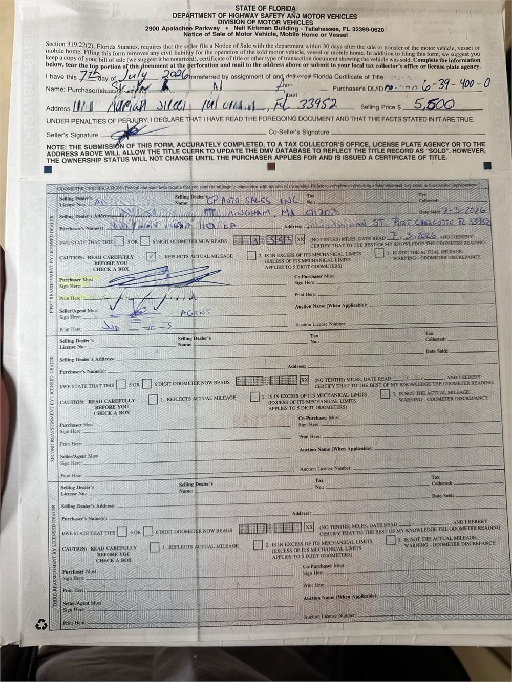 Muestra protegida de un título de vehículo de Florida · transferencia